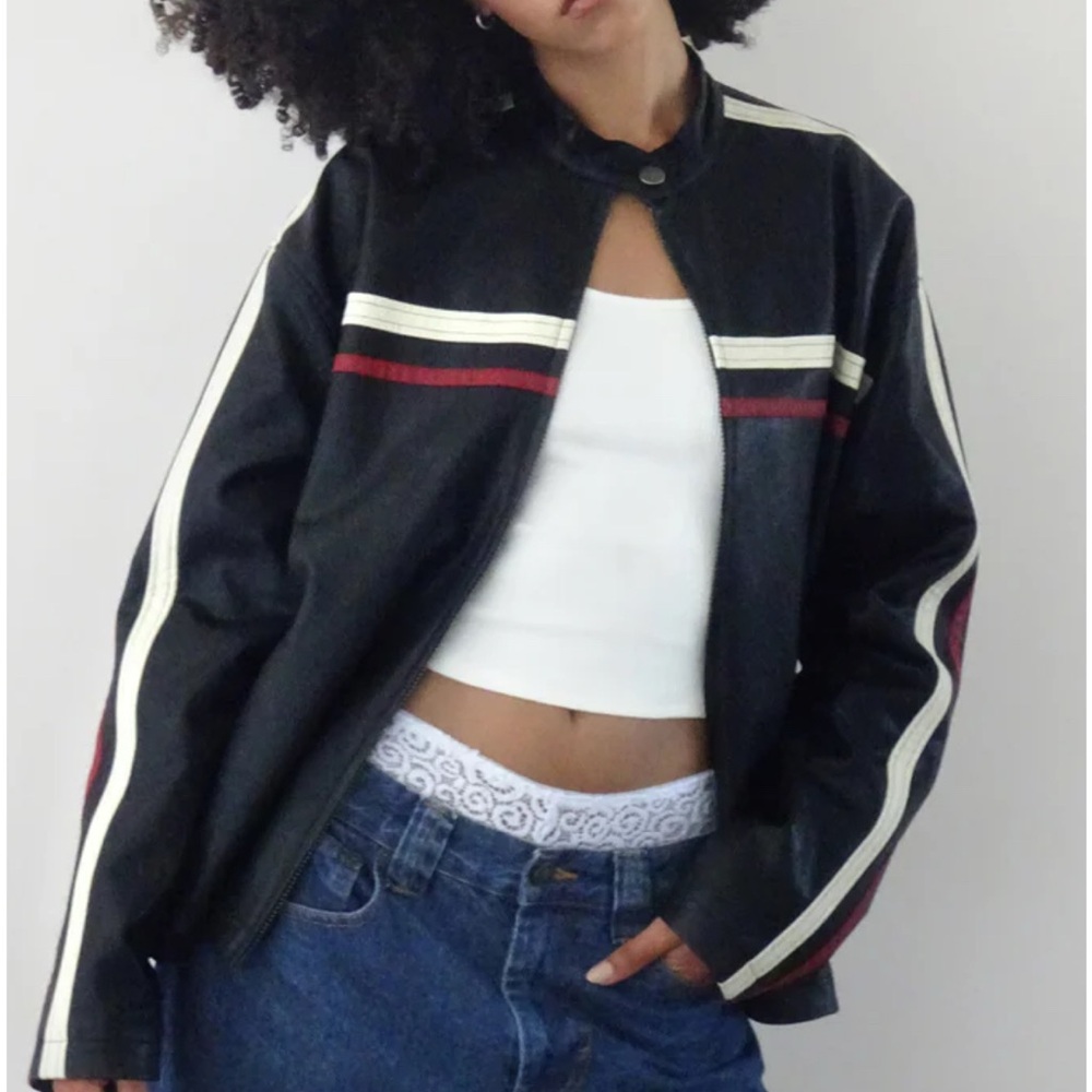 Motel Rocks Colton Jacket in PU Black with Ivory and Red Stripe